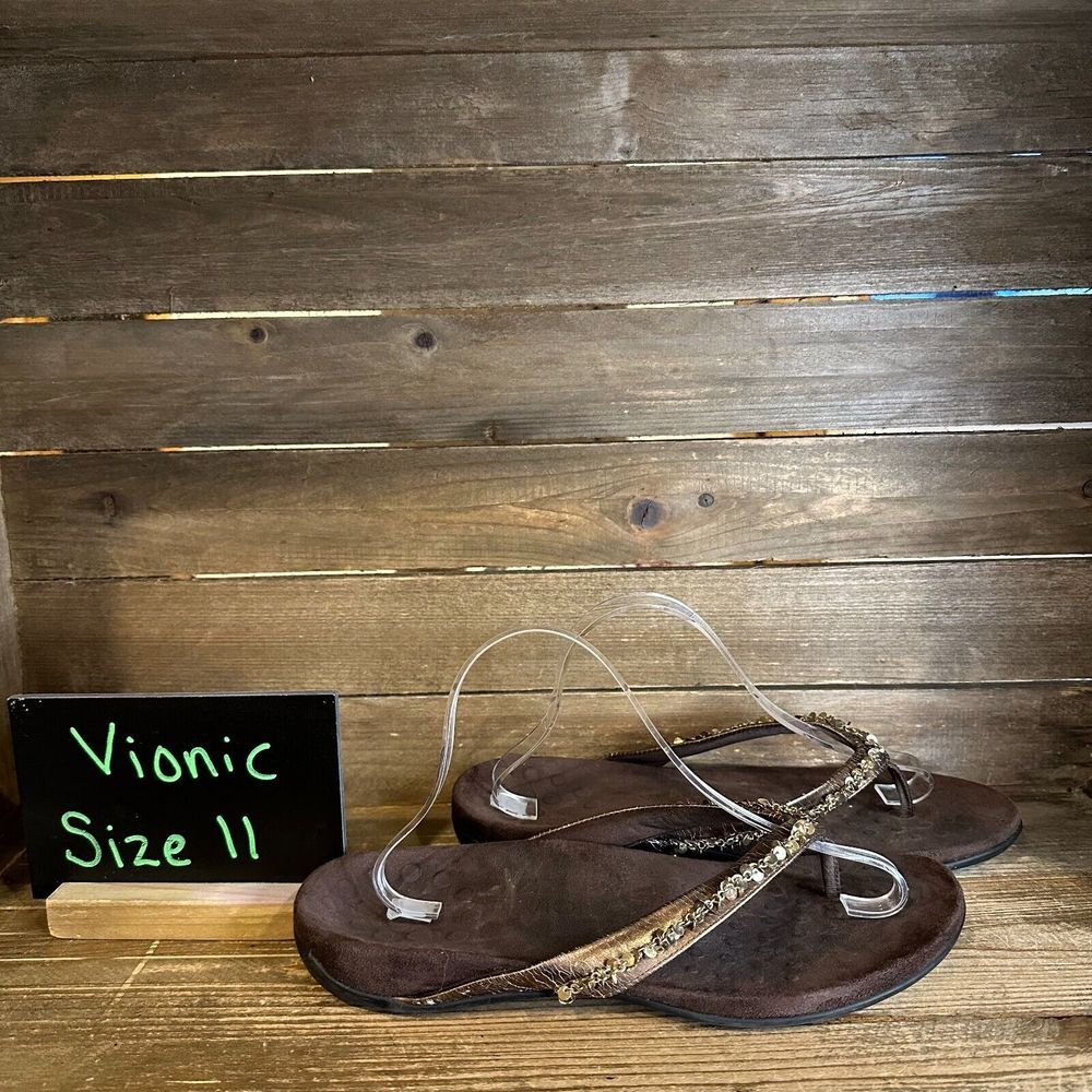 Womens Vionic Belize Brown Beaded Comfort Thong Flip Flops Sandals Size 11 M GUC